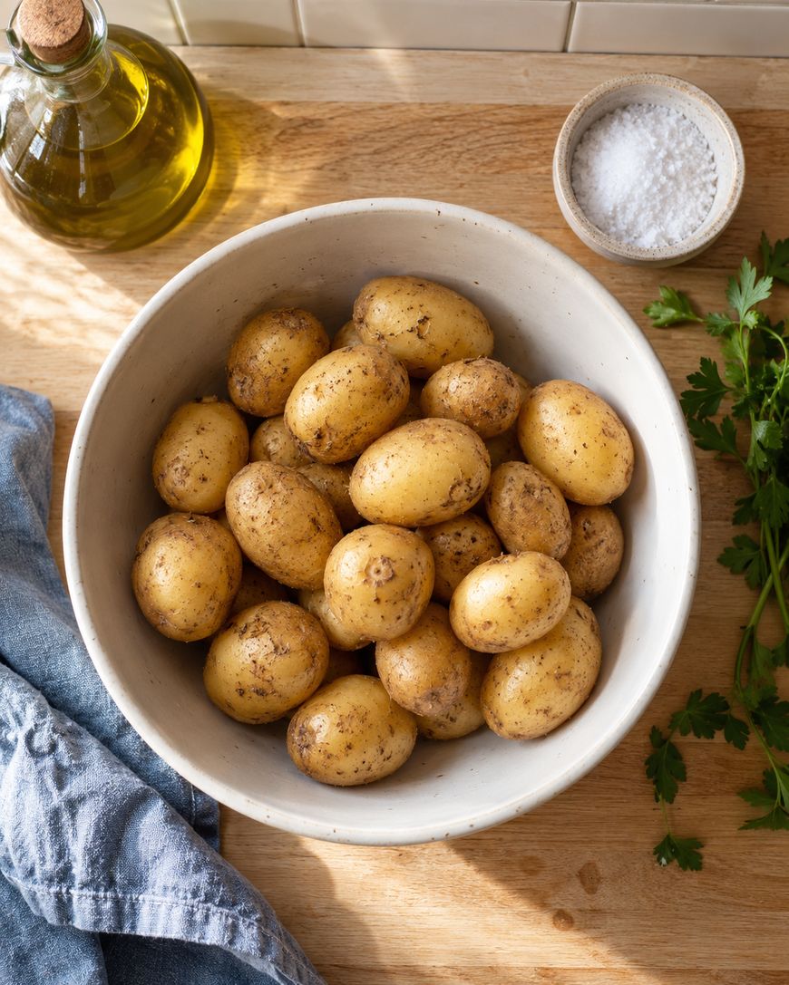 A white bowl filled with raw baby potatoes on a wooden surface, next to a bottle of olive oil, a small bowl of salt, parsley sprigs, and a blue cloth.