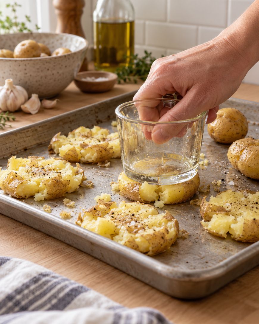A hand presses a glass onto cooked potatoes on a baking sheet, smashing them. The tray is on a wooden counter, with garlic, herbs, oil, and a bowl of potatoes in the background.