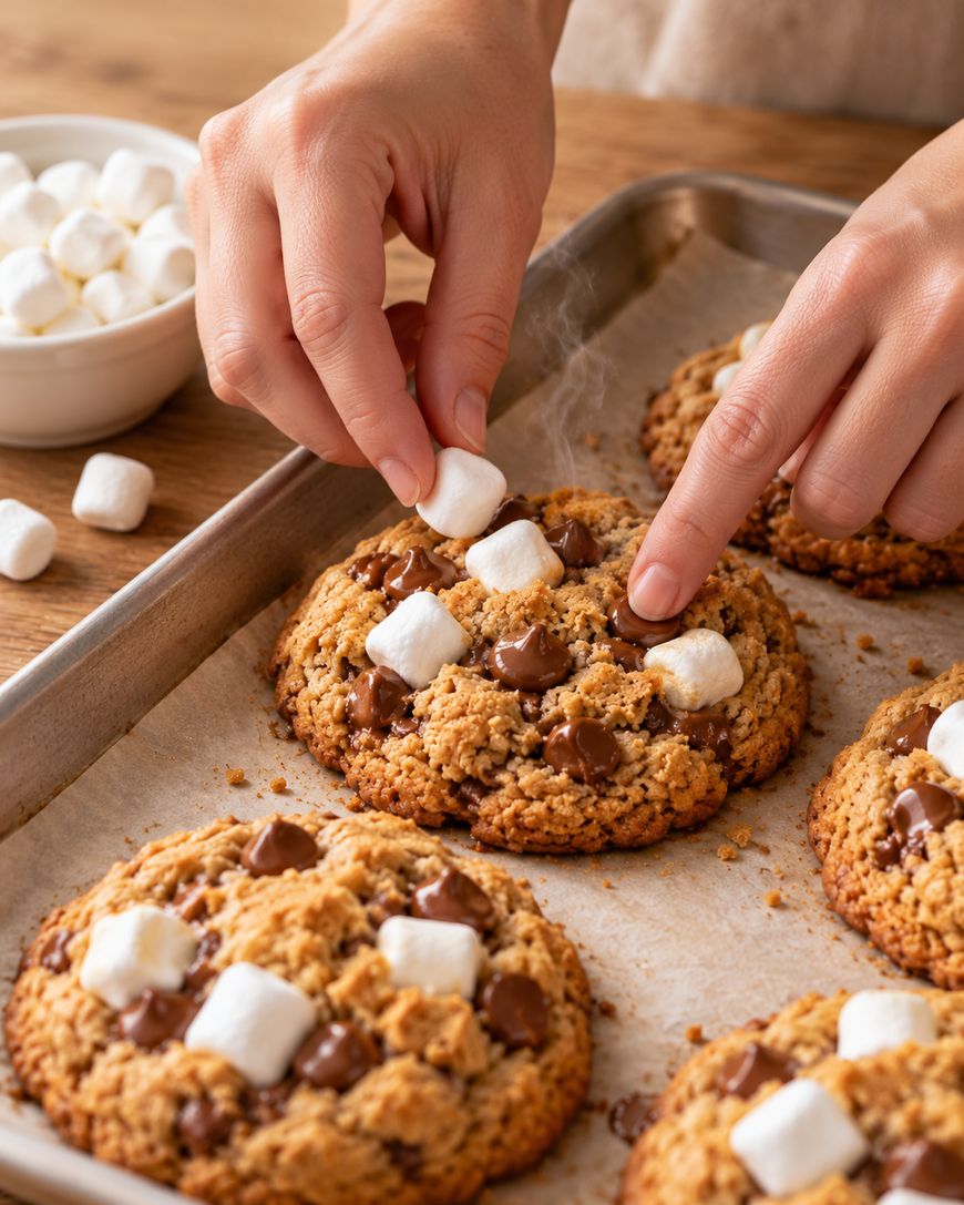 Hands placing miniature marshmallows onto warm chocolate chip cookies on a baking sheet.