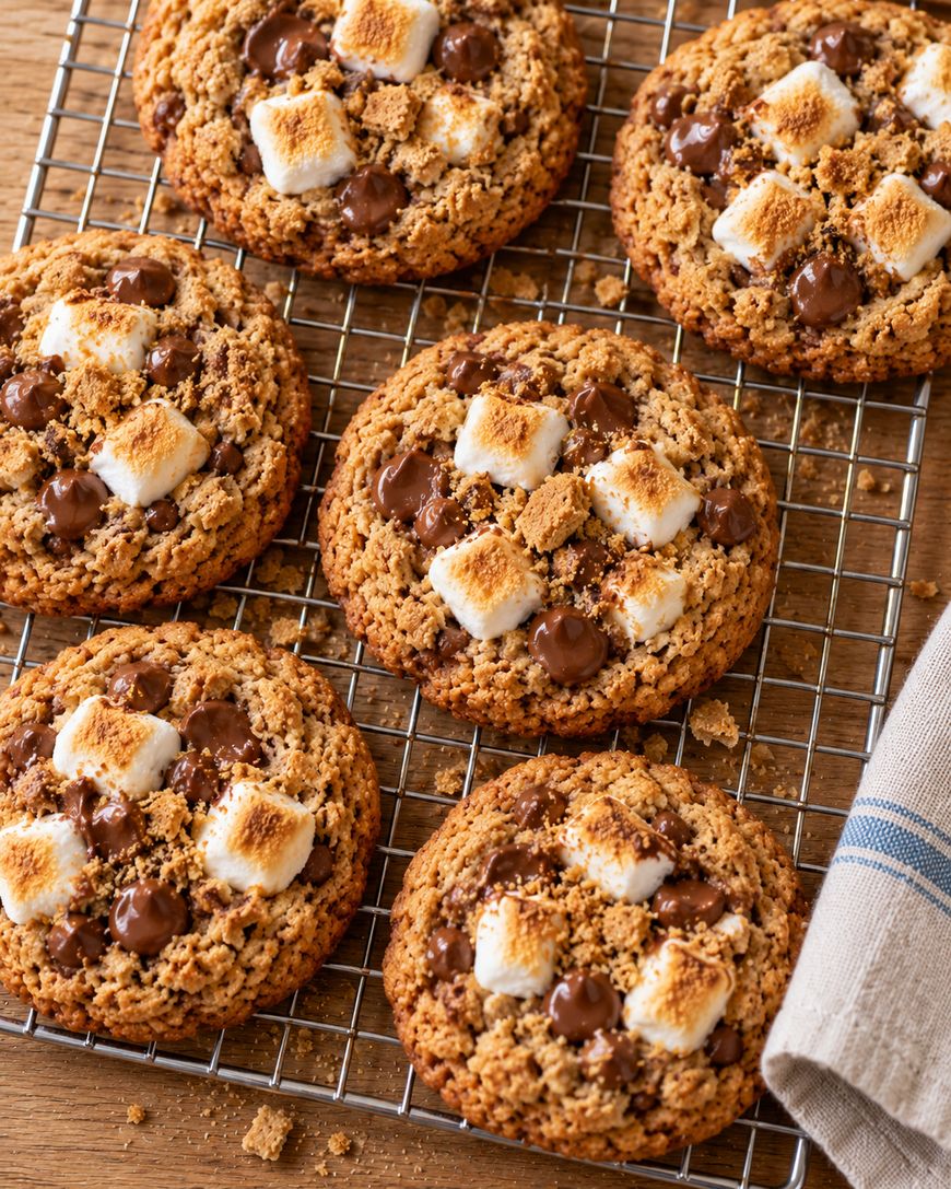 Six smores-style cookies topped with toasted marshmallows and chocolate chips, resting on a wire cooling rack.