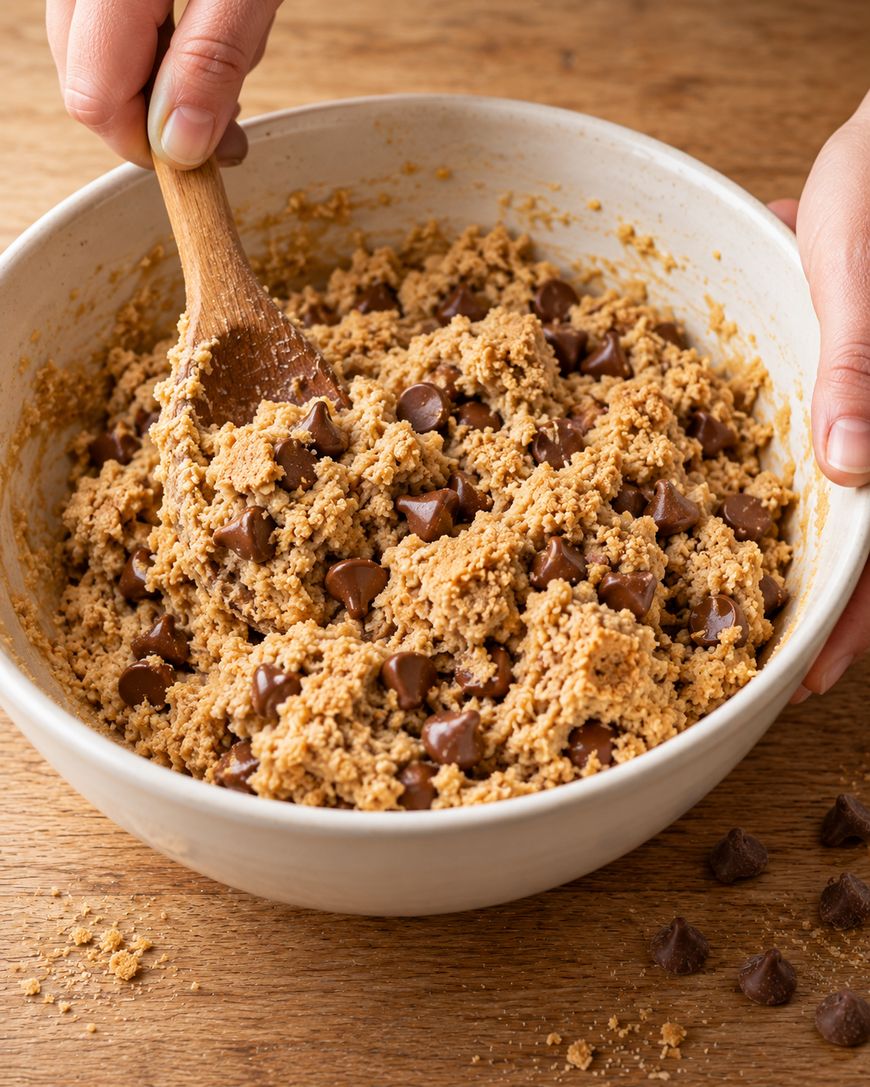 Hands using a wooden spoon to mix chocolate chip cookie dough in a ceramic bowl.