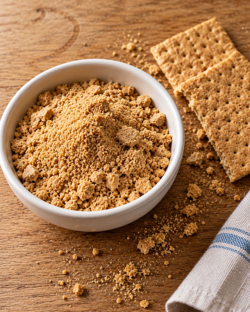 A white bowl filled with graham cracker crumbs next to two whole graham crackers on a wooden surface.