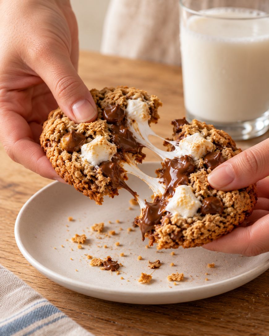 Hands breaking apart a smores cookie with melted chocolate and toasted marshmallows, next to a glass of milk.