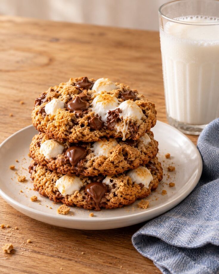 A stack of three oatmeal chocolate chip marshmallow cookies on a plate next to a glass of milk.