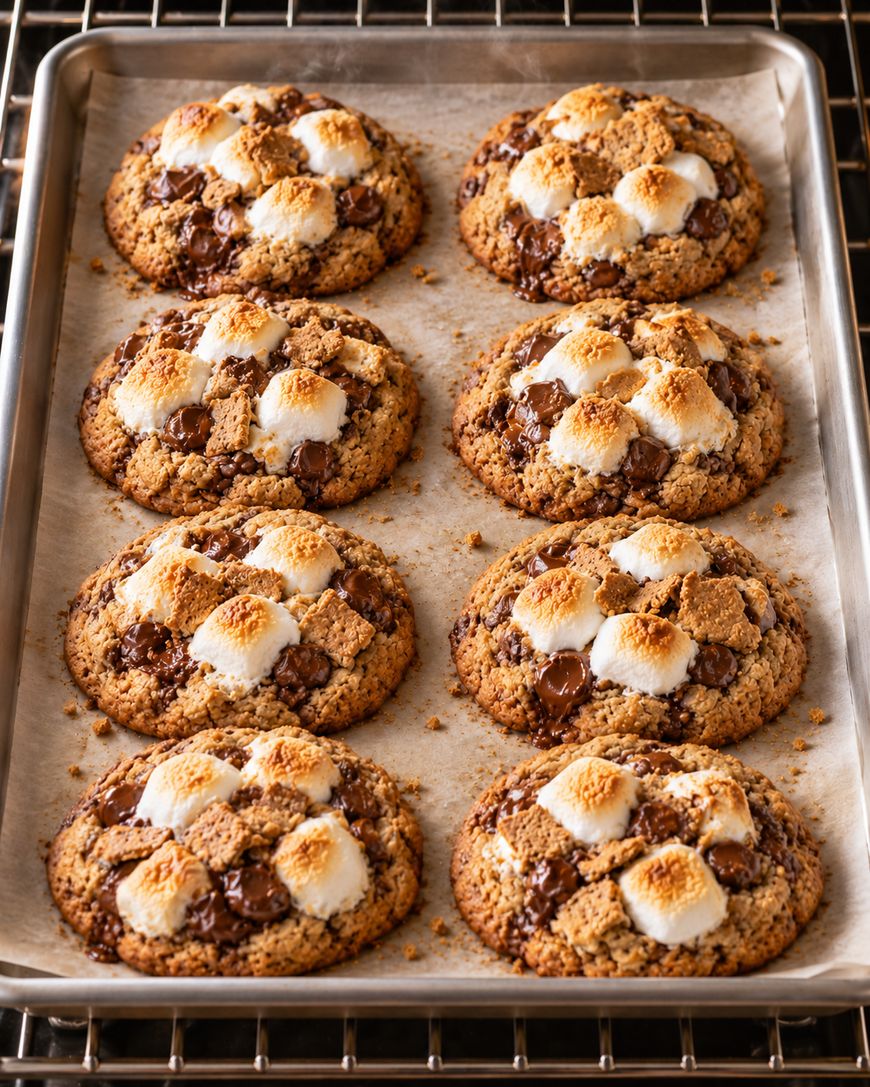 Eight smores cookies topped with toasted marshmallows and graham cracker pieces on a parchment-lined baking sheet.