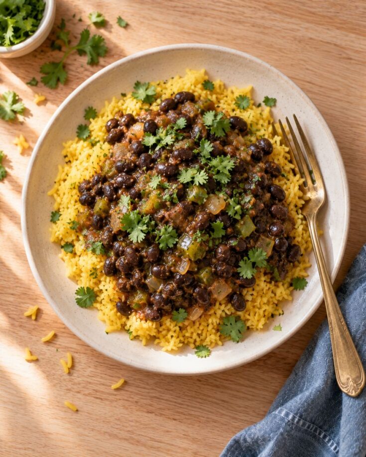 A plate of yellow rice topped with black beans, onions, and fresh cilantro, with a gold fork on the side. Some cilantro leaves are scattered on the wooden table. A blue napkin is nearby.