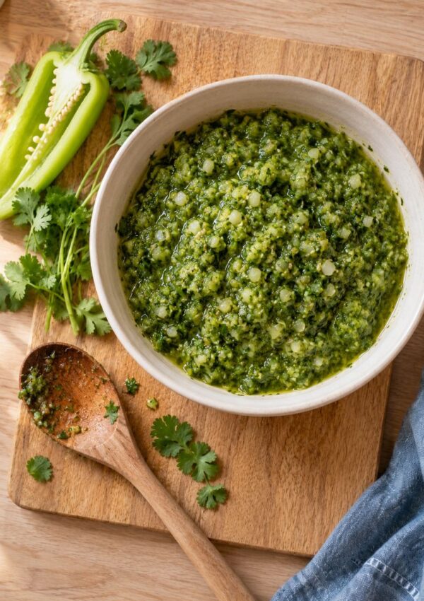 A bowl of green sauce sits on a wooden board with a wooden spoon, fresh cilantro, and a sliced green chili pepper beside it. Sunlight falls across the scene.