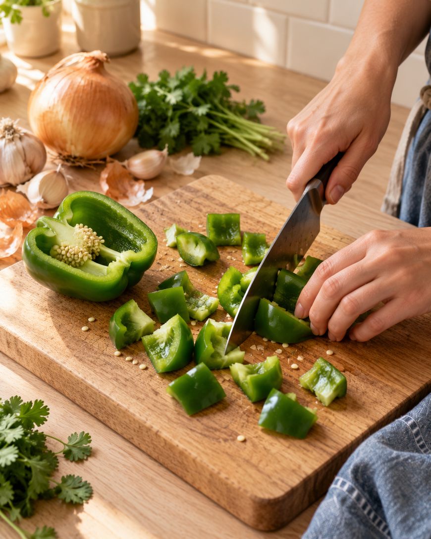 A person chops a green bell pepper on a wooden cutting board, surrounded by an onion, garlic, and fresh cilantro on a kitchen counter.