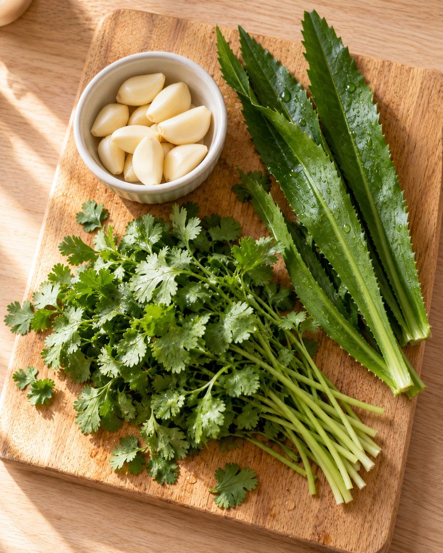 A wooden cutting board with fresh cilantro, culantro leaves, and a small bowl of peeled garlic cloves, all on a sunlit surface.