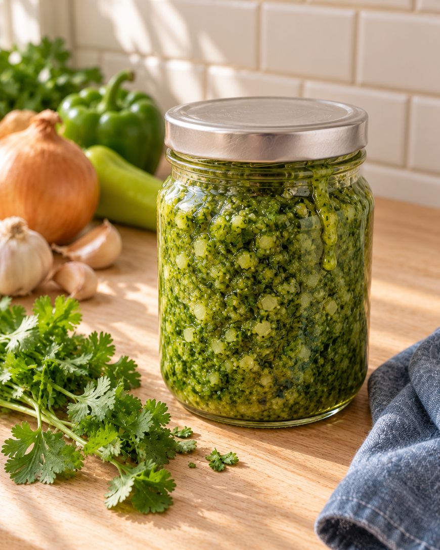 A jar of green sauce sits on a wooden counter, surrounded by fresh cilantro, garlic, an onion, and green peppers. Sunlight streams in, highlighting the vibrant colors.