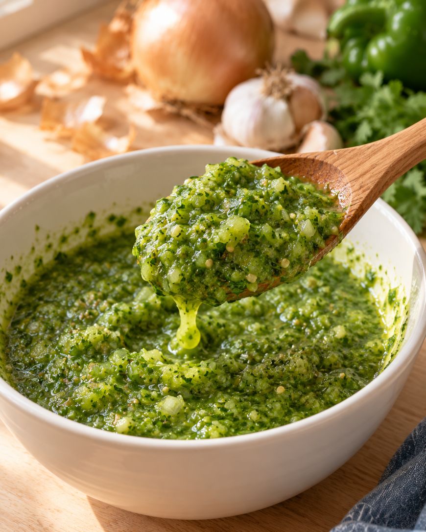 A wooden spoon lifts a serving of green salsa from a white bowl. Fresh onions, garlic, green pepper, and leafy greens are in the background on a sunlit kitchen counter.