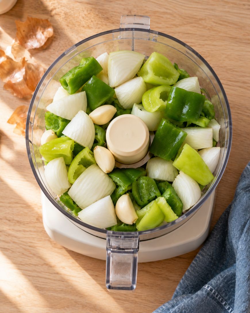 A food processor bowl filled with chopped green bell peppers, white onions, and whole garlic cloves, sitting on a wooden surface with onion skins and a blue cloth nearby.