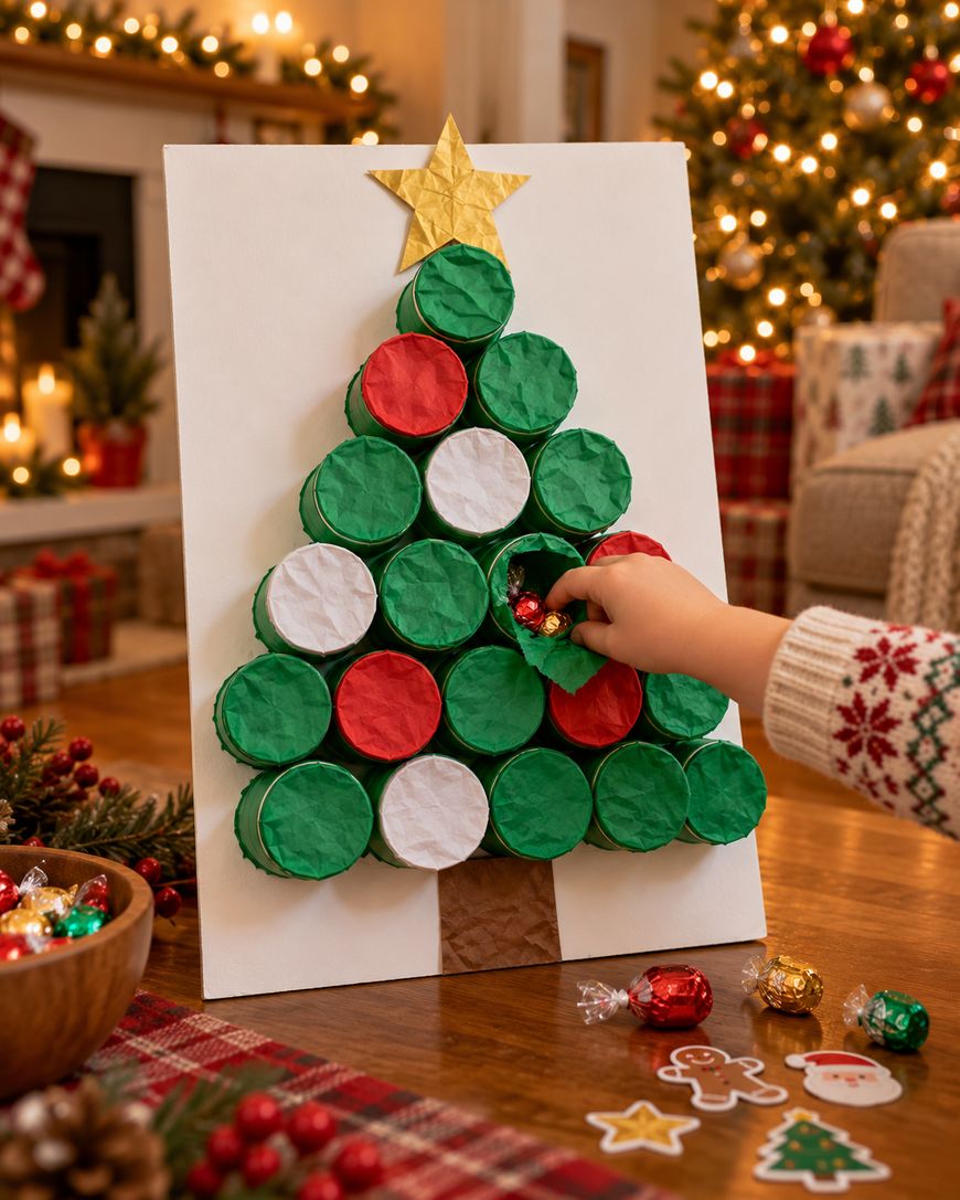 A childs hand reaches into a paper cup Christmas tree craft to retrieve a wrapped candy.