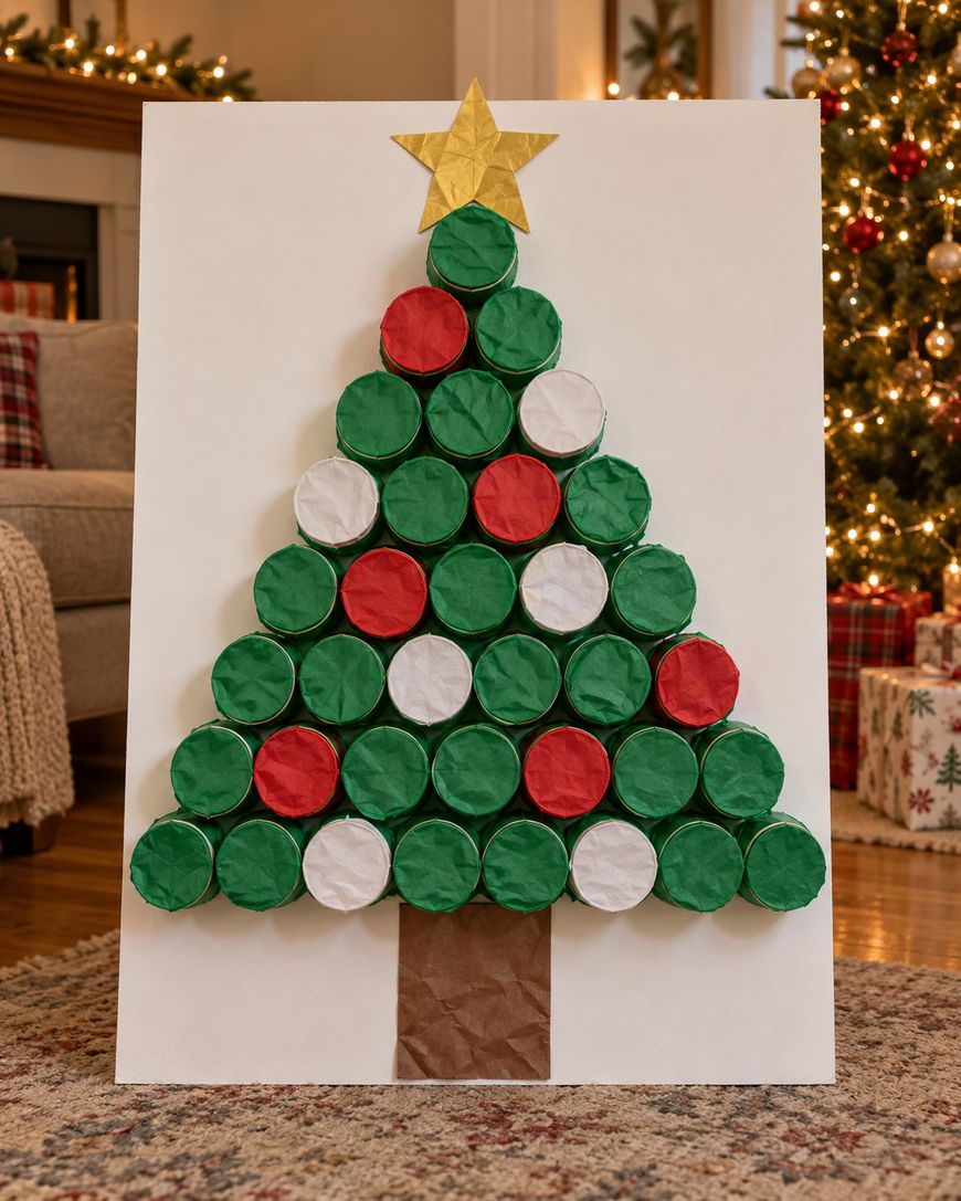A DIY Christmas tree craft made from stacked red, white, and green paper-covered cups on a white board, topped with a gold paper star and a brown paper trunk.