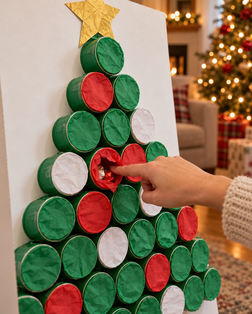 A hand reaches into a handmade advent calendar shaped like a Christmas tree, constructed from circular containers covered in red, green, and white paper, with a golden star on top.