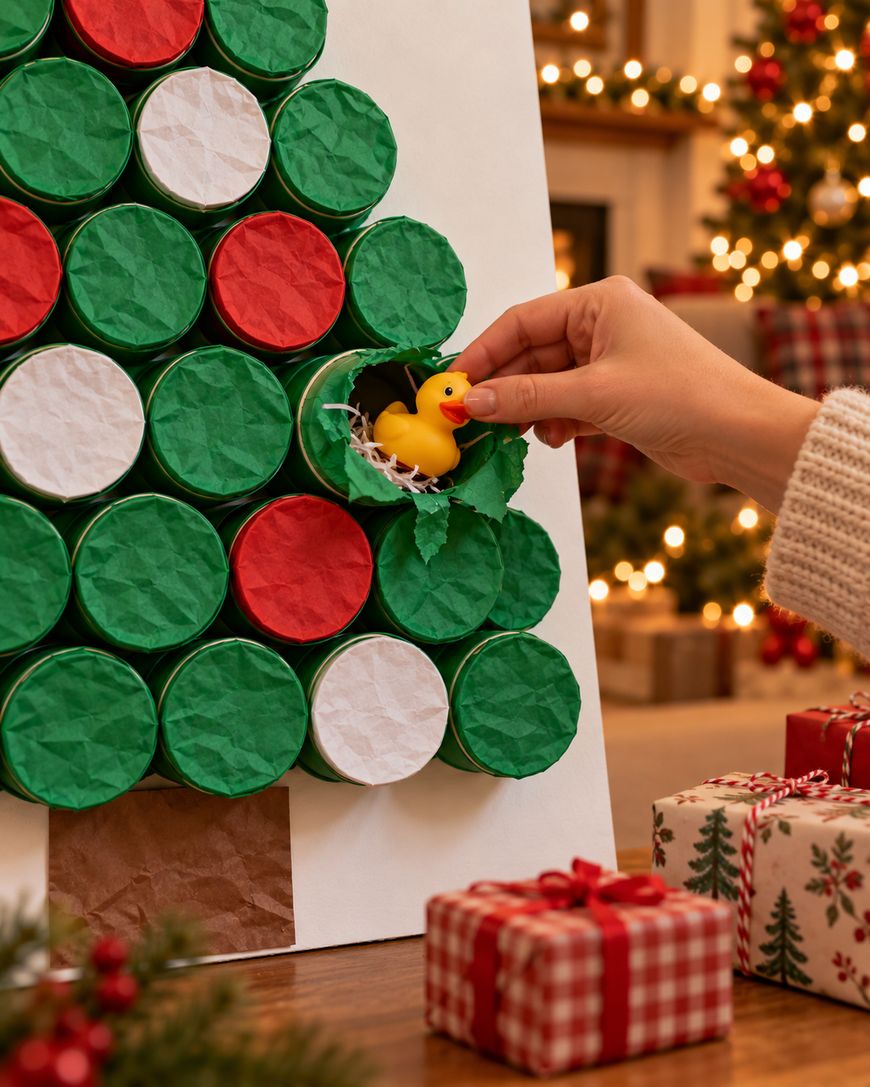 A hand reaches into a paper-covered Advent calendar shaped like a Christmas tree to reveal a small yellow rubber duck inside one of the compartments.