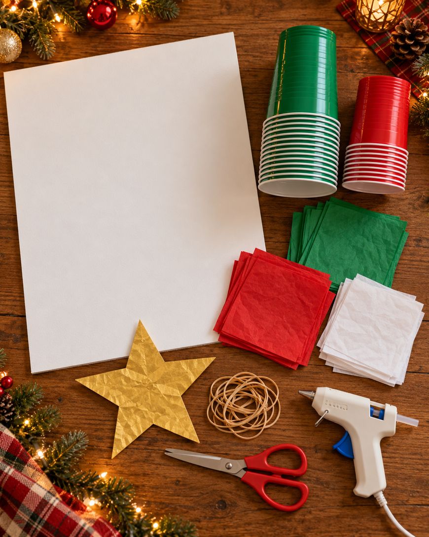 Craft supplies arranged on a wooden table, including a large white sheet, green and red plastic cups, stacks of colored tissue paper, a gold star cutout, rubber bands, scissors, and a glue gun.
