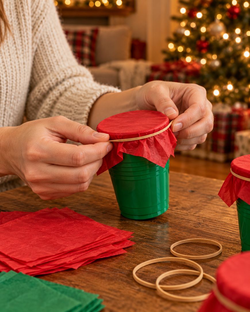 Hands securing a red tissue paper lid on a green plastic cup with a rubber band.