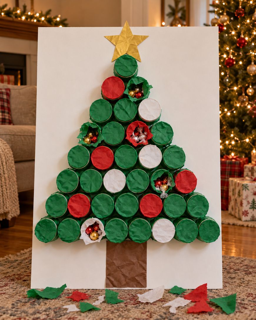 An advent calendar shaped like a Christmas tree, made of green, red, and white paper cups attached to a board with a gold paper star on top and chocolates visible inside some cups.
