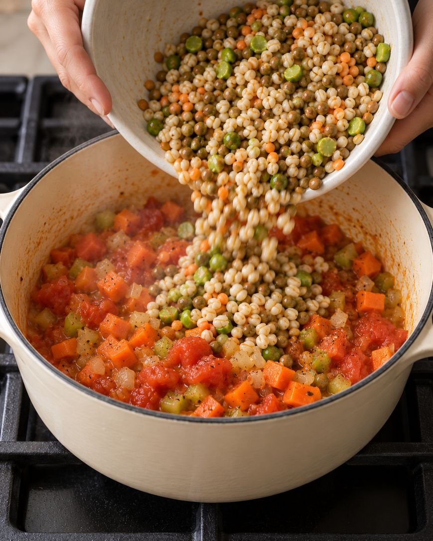Hands pouring a bowl of mixed grains, peas, and lentils into a pot of simmering tomato and vegetable stew.