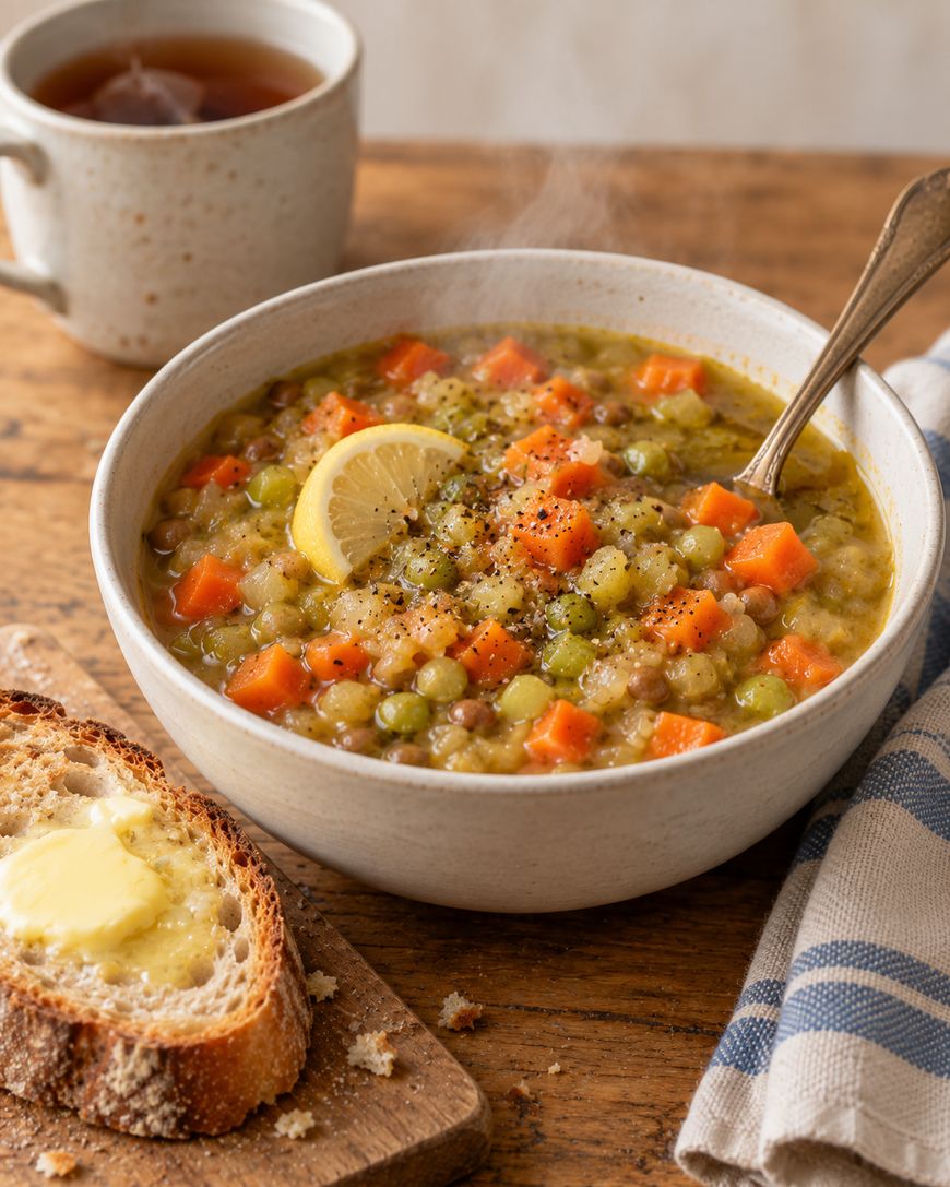 A bowl of steaming lentil and vegetable soup with a lemon slice and a spoon, served with a slice of buttered toasted bread and a mug of tea.