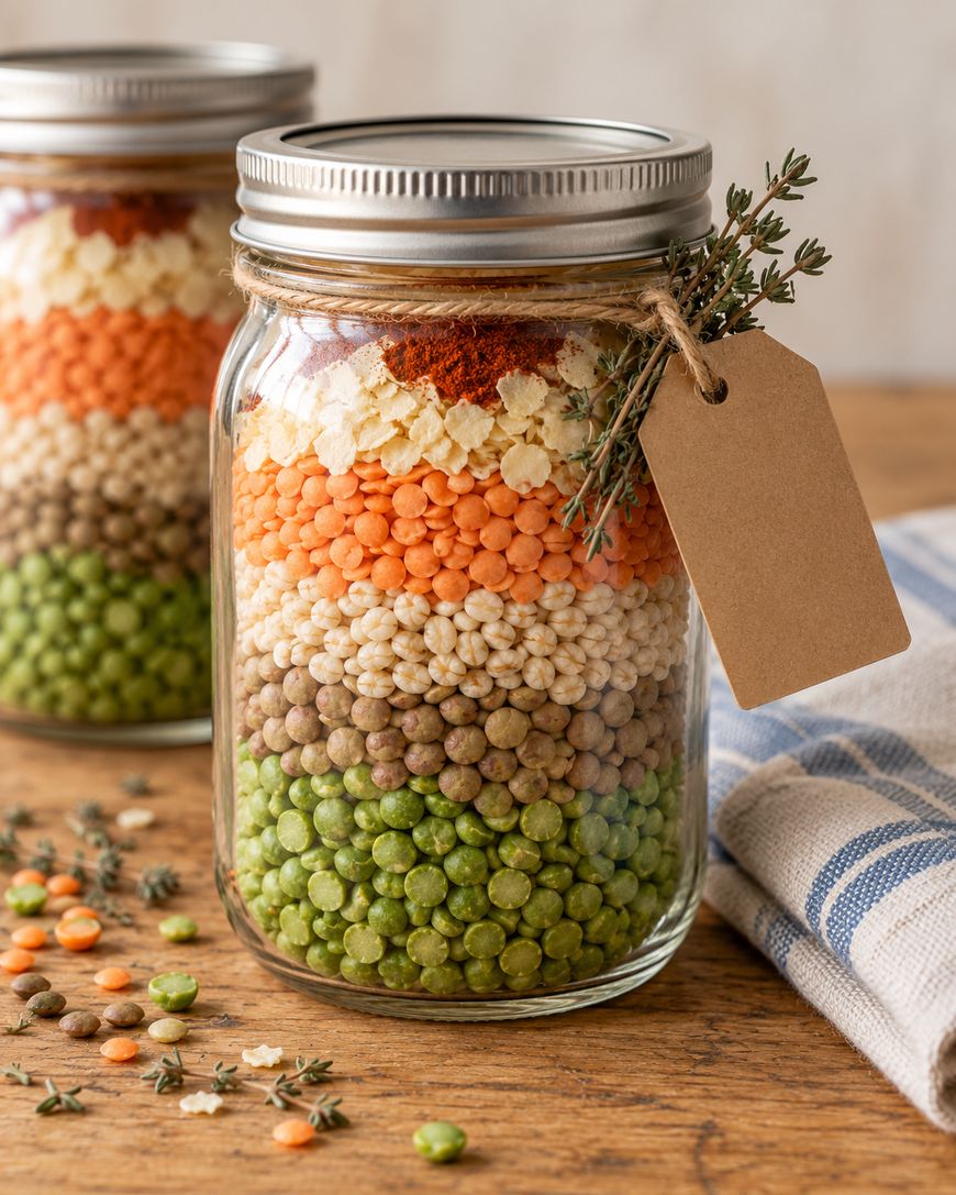 Mason jar layered with dried legumes and spices, featuring a blank gift tag and a sprig of fresh thyme tied to the lid.