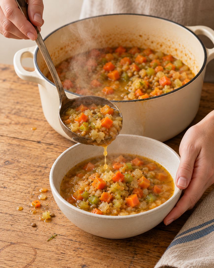 A ladle pouring steaming lentil and vegetable soup into a ceramic bowl, with a large pot of the same soup in the background.
