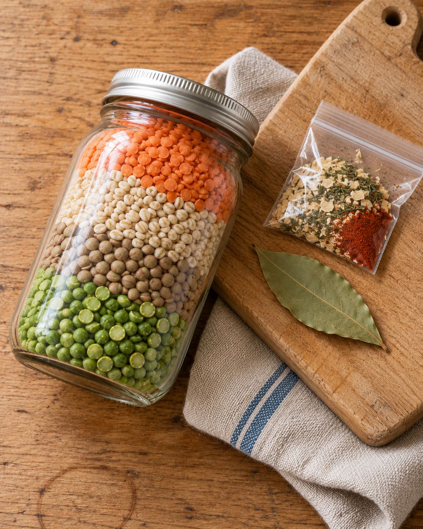 A glass jar layered with green split peas, brown lentils, pearl barley, and red lentils, sitting on a wooden cutting board next to a bay leaf and a small plastic bag of dried seasonings.