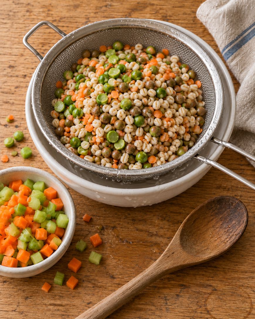 A metal strainer filled with a mixture of cooked barley, lentils, and peas, sitting in a bowl next to a small dish of diced carrots and celery and a wooden spoon.