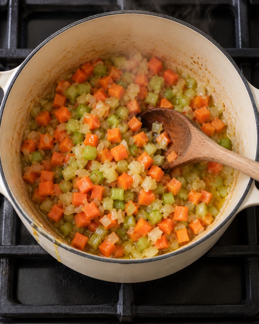 Diced carrots, celery, and onions cooking in a pot with a wooden spoon.