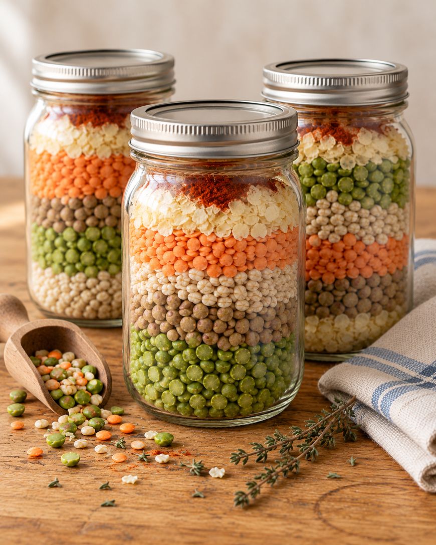 Three glass jars layered with different types of dry lentils, peas, and soup pasta, with a small wooden scoop and fresh thyme sprigs on a wooden surface.