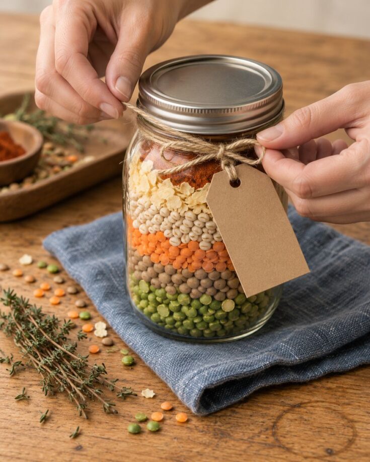 Hands tie a twine string around a mason jar layered with different types of dried beans, lentils, and spices, featuring a blank brown gift tag.
