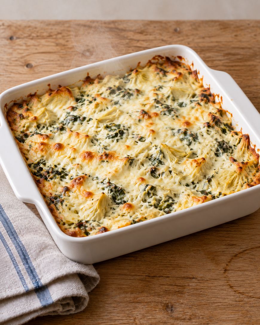 Baked spinach and artichoke dip in a white square casserole dish on a wooden surface.