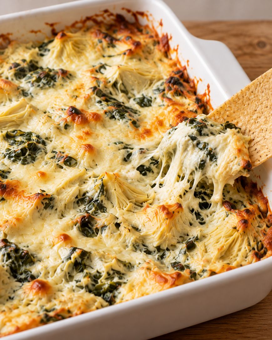 A tortilla chip scoops baked spinach and artichoke dip with melted cheese from a white casserole dish.