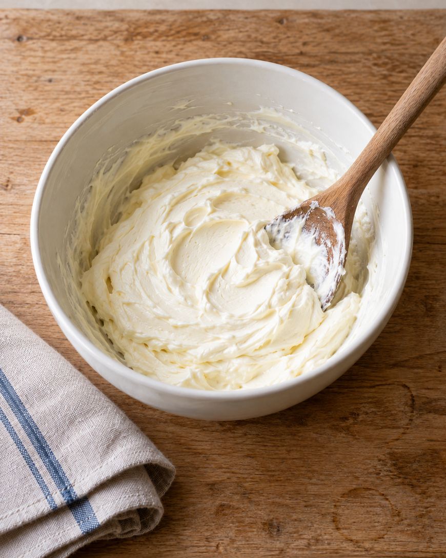 A wooden spoon rests in a white mixing bowl filled with creamy, whipped frosting on a wooden surface.