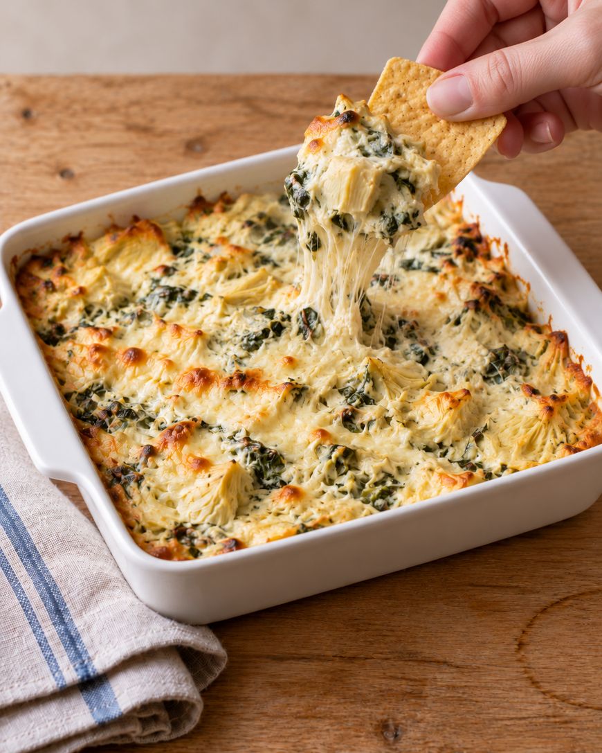 A hand dips a tortilla chip into a square baking dish of hot spinach artichoke dip, pulling up a string of melted cheese.