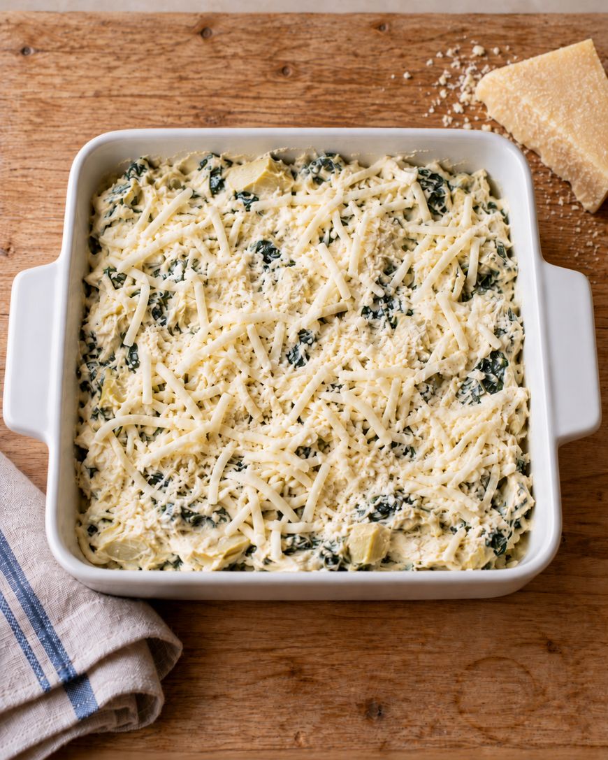 A square baking dish filled with unbaked spinach and artichoke dip, topped with shredded cheese, next to a wedge of parmesan cheese.