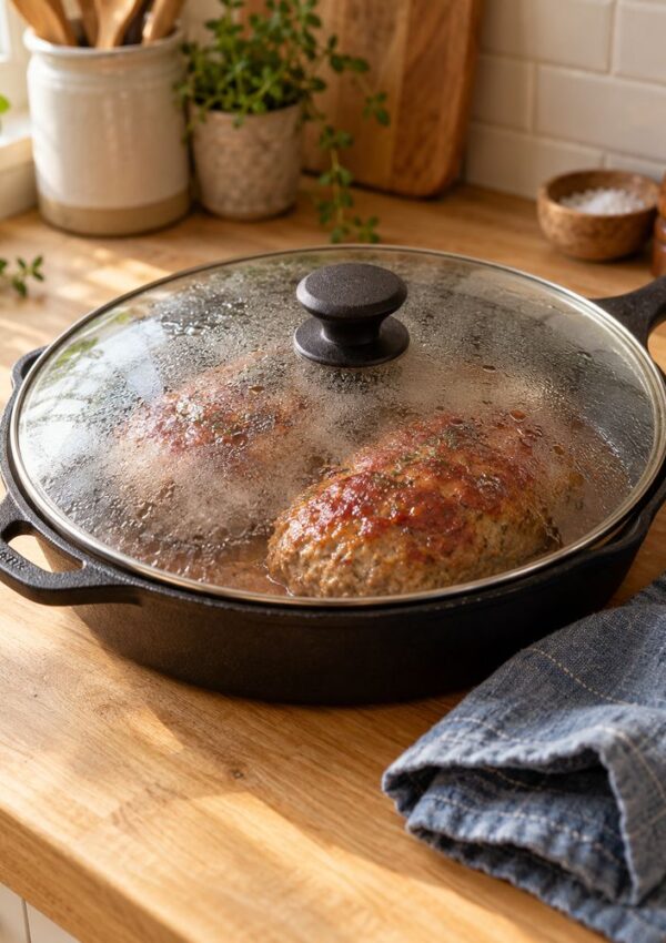 Two meatloaves cooking in a covered cast iron skillet on a wooden countertop.