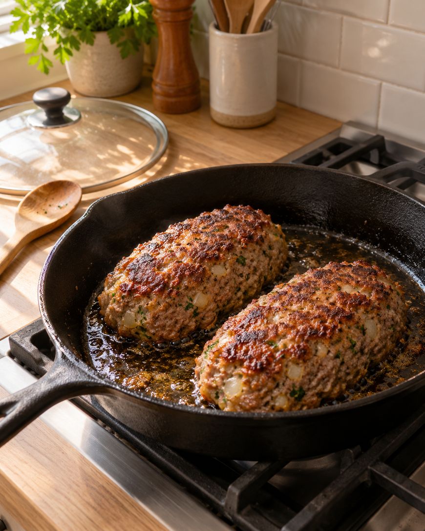 Two browned meatloaves searing in a cast-iron skillet on a stovetop.