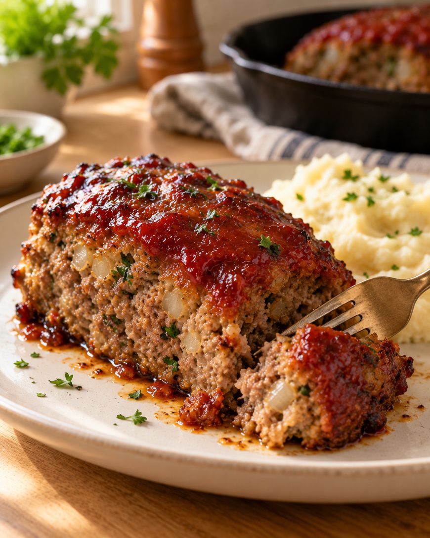 A slice of meatloaf topped with red glaze on a plate next to a serving of mashed potatoes, with a fork breaking off a piece.