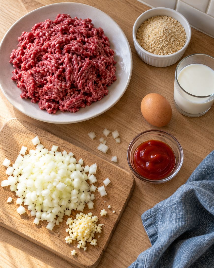 Ingredients for meatloaf on a wooden table, including ground meat, breadcrumbs, milk, an egg, ketchup, and chopped onion and garlic on a cutting board.