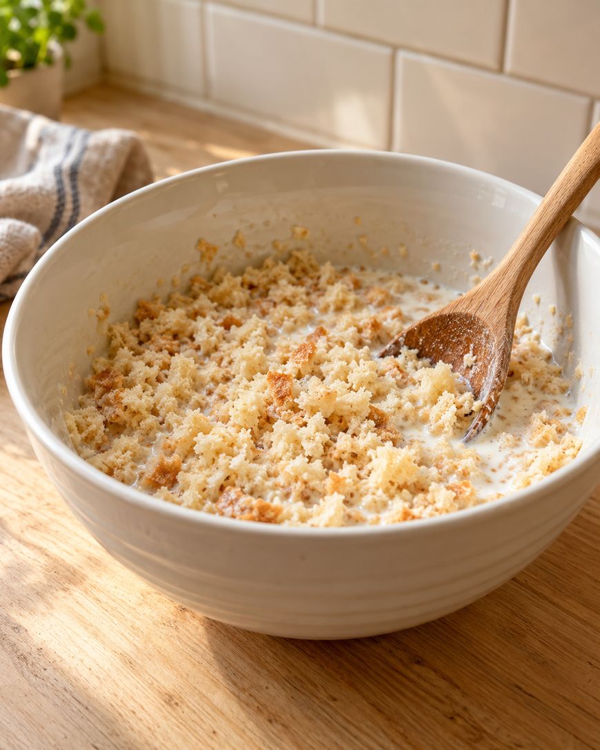 A wooden spoon stirs breadcrumbs soaking in milk inside a large ceramic bowl on a wooden counter.