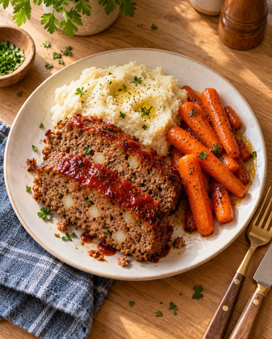 Two slices of meatloaf with glaze, a scoop of mashed potatoes, and roasted carrots on a plate.