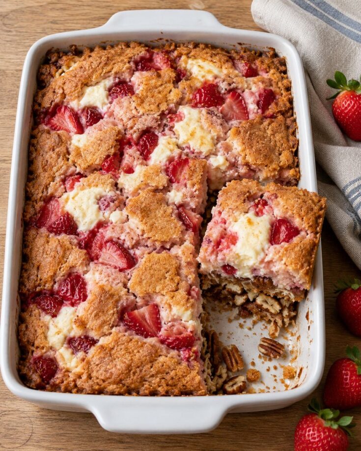 A rectangular baking dish containing strawberry cream cheese cake, with a slice removed to reveal a pecan base.