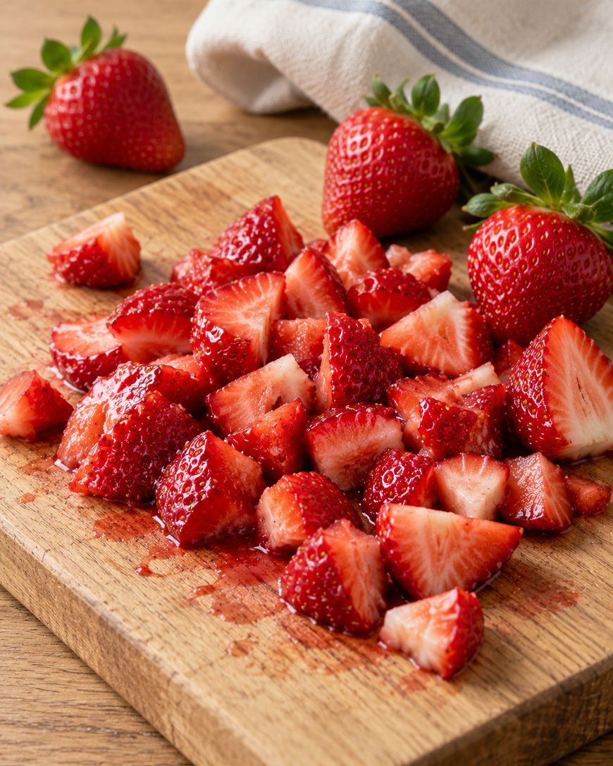 Fresh whole strawberries and a pile of chopped strawberry pieces on a wooden cutting board.