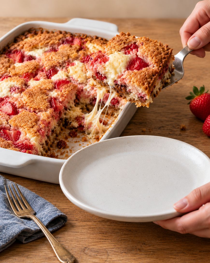 A metal spatula lifting a slice of strawberry cream cheese cake from a baking dish onto a plate, showing melted cheese stretching.