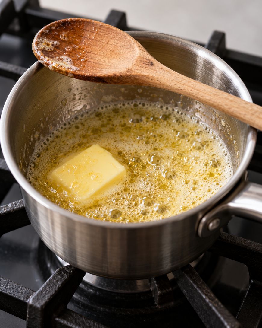 A pat of butter melting in a stainless steel saucepan on a stovetop with a wooden spoon resting on the rim.