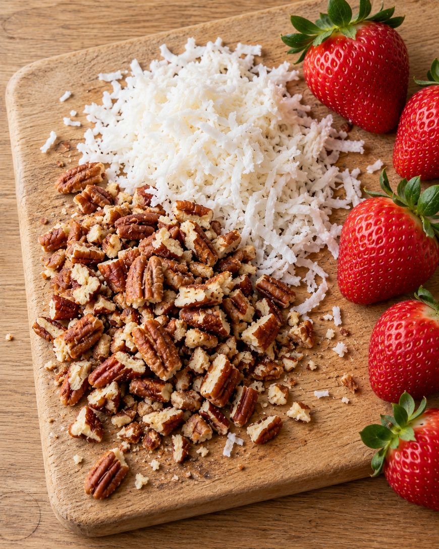 A wooden cutting board topped with a pile of chopped pecans, a mound of shredded coconut, and four whole strawberries.