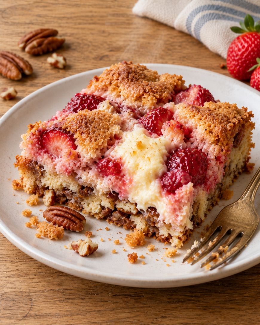 A square piece of strawberry coffee cake with a crumb topping and pecans on a plate with a gold fork.