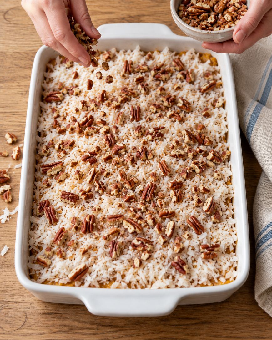Hands sprinkling chopped pecans over a casserole topped with shredded coconut in a white baking dish.